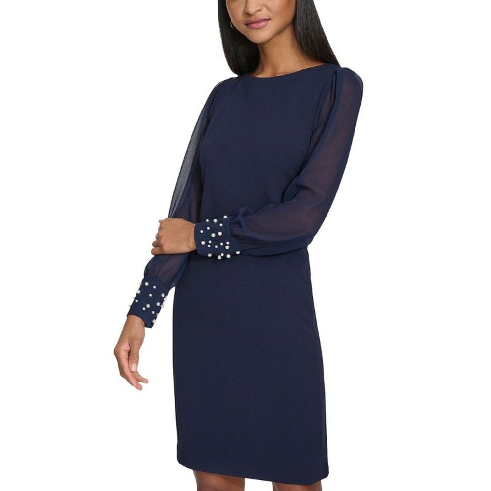 Karl Lagerfeld Paris Womens Scuba Crepe Sheath Dress 6 Navy With Pearl Cuff  NWT